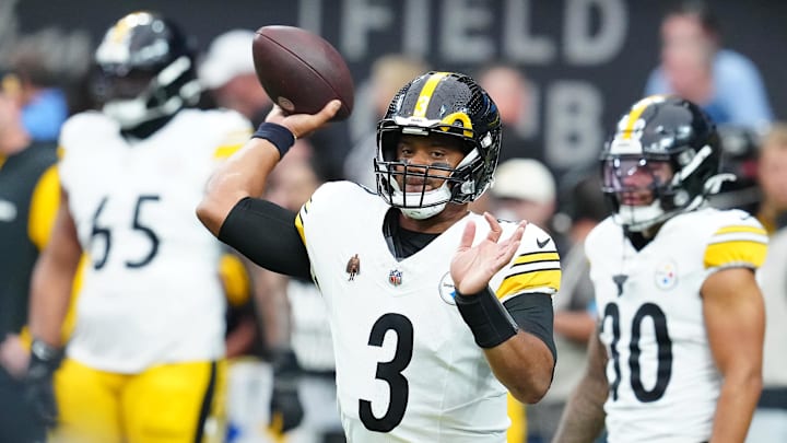 Oct 13, 2024; Paradise, Nevada, USA; Pittsburgh Steelers quarterback Russell Wilson (3) warms up before a game against the Las Vegas Raiders at Allegiant Stadium. Mandatory Credit: Stephen R. Sylvanie-Imagn Images