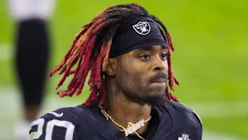 Nov 22, 2020; Paradise, Nevada, USA; Las Vegas Raiders cornerback Damon Arnette (20) against the Kansas City Chiefs at Allegiant Stadium. Mandatory Credit: Mark J. Rebilas-Imagn Images