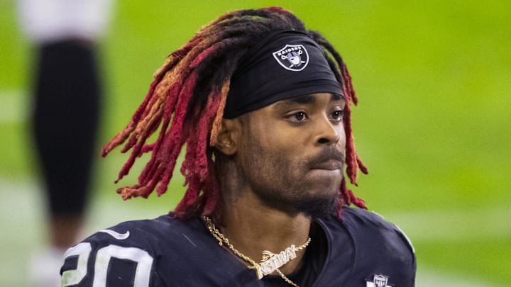 Nov 22, 2020; Paradise, Nevada, USA; Las Vegas Raiders cornerback Damon Arnette (20) against the Kansas City Chiefs at Allegiant Stadium. Mandatory Credit: Mark J. Rebilas-Imagn Images