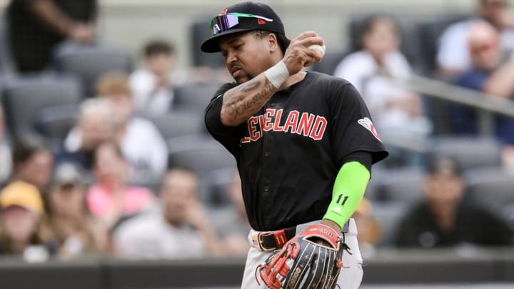 Aug 22, 2024; Bronx, New York, USA; Cleveland Guardians third baseman Jose Ramirez (11) reacts during the eighth inning against the New York Yankees at Yankee Stadium. Mandatory Credit: John Jones-USA TODAY Sports