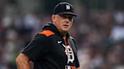 Detroit Tigers manager A.J. Hinch (14) walks off the field after a pitching change against Minnesota Twins during the eighth inning at Comerica Park in Detroit in Monday, August 4, 2025.