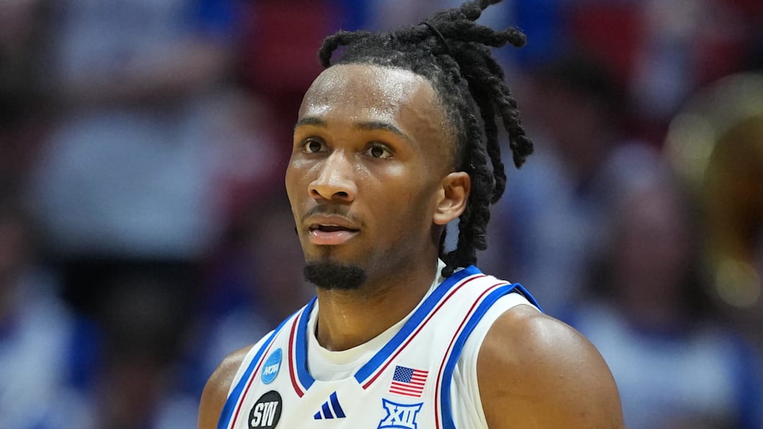 Mar 20, 2026; San Diego, CA, USA; Kansas Jayhawks guard Darryn Peterson (22) looks on in the first half against the California Baptist Lancers during a first round game of the men's 2026 NCAA Tournament at Viejas Arena. Mandatory Credit: Kirby Lee-Imagn Images