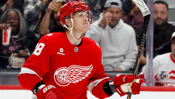 Oct 15, 2025; Detroit, Michigan, USA;  Detroit Red Wings right wing Patrick Kane (88) celebrates after he scores in the second period against the Florida Panthers at Little Caesars Arena. Mandatory Credit: Rick Osentoski-Imagn Images
