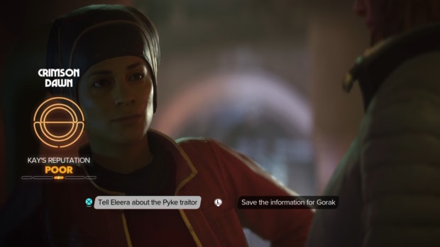 Star Wars Outlaws screenshot with the option to tell Eleera about the Pyke traitor selected.