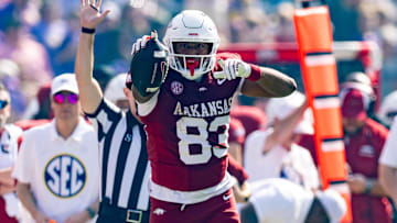 Nov 15, 2025; Baton Rouge, Louisiana, USA;  Arkansas Razorbacks tight end Jaden Platt (83) reacts to making a first down against LSU Tigers defensive back A.J. Haulcy (not pictured) during the first half at Tiger Stadium. Mandatory Credit: Stephen Lew-Imagn Images