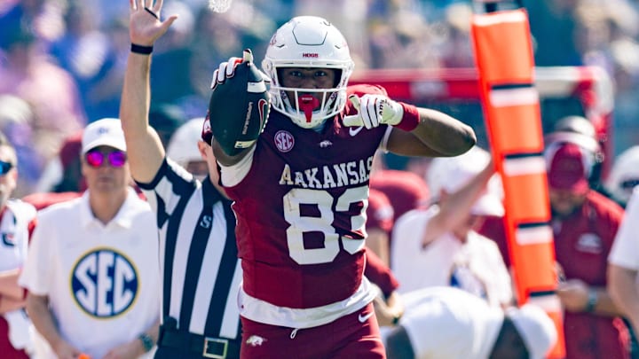 Nov 15, 2025; Baton Rouge, Louisiana, USA;  Arkansas Razorbacks tight end Jaden Platt (83) reacts to making a first down against LSU Tigers defensive back A.J. Haulcy (not pictured) during the first half at Tiger Stadium. Mandatory Credit: Stephen Lew-Imagn Images