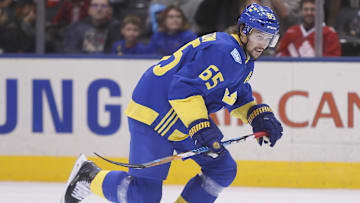 Sep 25, 2016; Toronto, Ontario, Canada; Team Sweden defenceman Erik Karlsson (65) skates against Team Europe during the first period  of a semifinal game in the 2016 World Cup of Hockey at Air Canada Centre. Mandatory Credit: John E. Sokolowski-Imagn Images