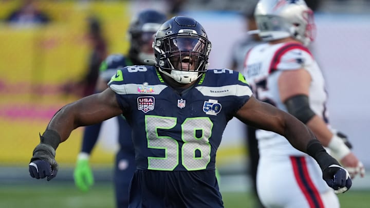 Feb 8, 2026; Santa Clara, CA, USA; Seattle Seahawks linebacker Derick Hall (58) celebrates against the New England Patriots in the first half in Super Bowl LX at Levi's Stadium. Mandatory Credit: Cary Edmondson-Imagn Images