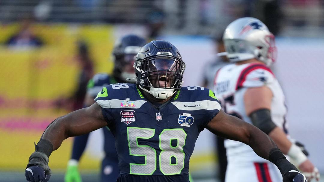 Feb 8, 2026; Santa Clara, CA, USA; Seattle Seahawks linebacker Derick Hall (58) celebrates against the New England Patriots in the first half in Super Bowl LX at Levi's Stadium. Mandatory Credit: Cary Edmondson-Imagn Images