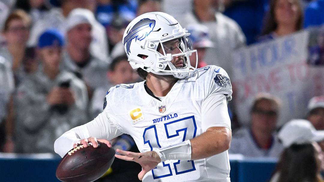 Oct 5, 2025; Orchard Park, New York, USA; Buffalo Bills quarterback Josh Allen (17) warms up before a game against the New England Patriots at Highmark Stadium.