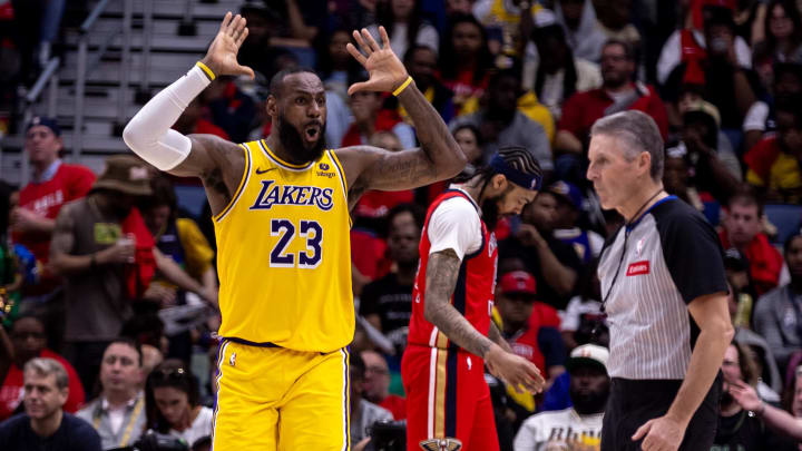 Apr 16, 2024; New Orleans, Louisiana, USA; Los Angeles Lakers forward LeBron James (23) reacts to a call.