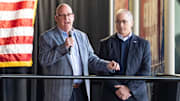 Apr 15, 2025; Saint Paul, Minnesota, USA; Prior to the game between the Minnesota Wild and Anaheim Ducks, Bob Motzko is announced as the head coach for the 2026 IIHF World Junior Hockey Championship by John Vanbiesbrouck (right). The ceremony was held at Xcel Energy Center. Mandatory Credit: Matt Blewett-Imagn Images