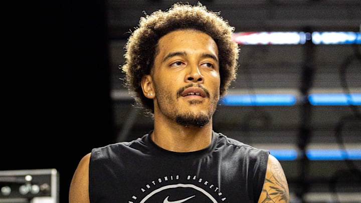 Oct 24, 2025; New Orleans, Louisiana, USA;  San Antonio Spurs forward Jeremy Sochan (10) during warmups before the game against the New Orleans Pelicans at Smoothie King Center. Mandatory Credit: Stephen Lew-Imagn Images