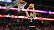 Dec 21, 2024; Newark, New Jersey, USA; Princeton Tigers forward Caden Pierce (3) dunks the ball against the Rutgers Scarlet Knights during the second half at Prudential Center. Mandatory Credit: Tom Horak-Imagn Images