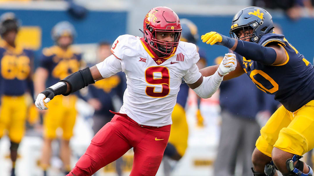 Oct 30, 2021; Morgantown, West Virginia, USA;Iowa State Cyclones defensive end Will McDonald IV (9) during the third quarter against the West Virginia Mountaineers  at Mountaineer Field at Milan Puskar Stadium. Mandatory Credit: Ben Queen-Imagn Images
