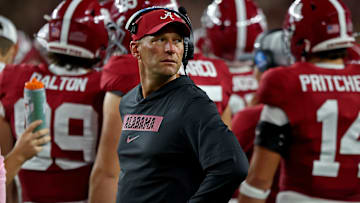 Head coach Kalen DeBoer of the Alabama Crimson Tide looks on during the first half of the game against the Louisiana-Monroe Warhawks at Bryant-Denny Stadium on September 06, 2025 in Tuscaloosa, Alabama.