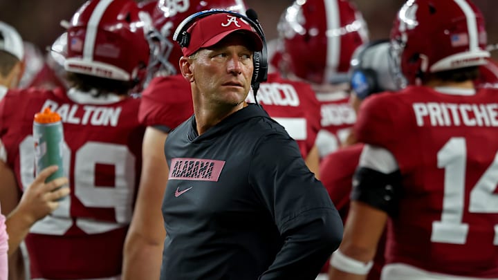 Head coach Kalen DeBoer of the Alabama Crimson Tide looks on during the first half of the game against the Louisiana-Monroe Warhawks at Bryant-Denny Stadium on September 06, 2025 in Tuscaloosa, Alabama.
