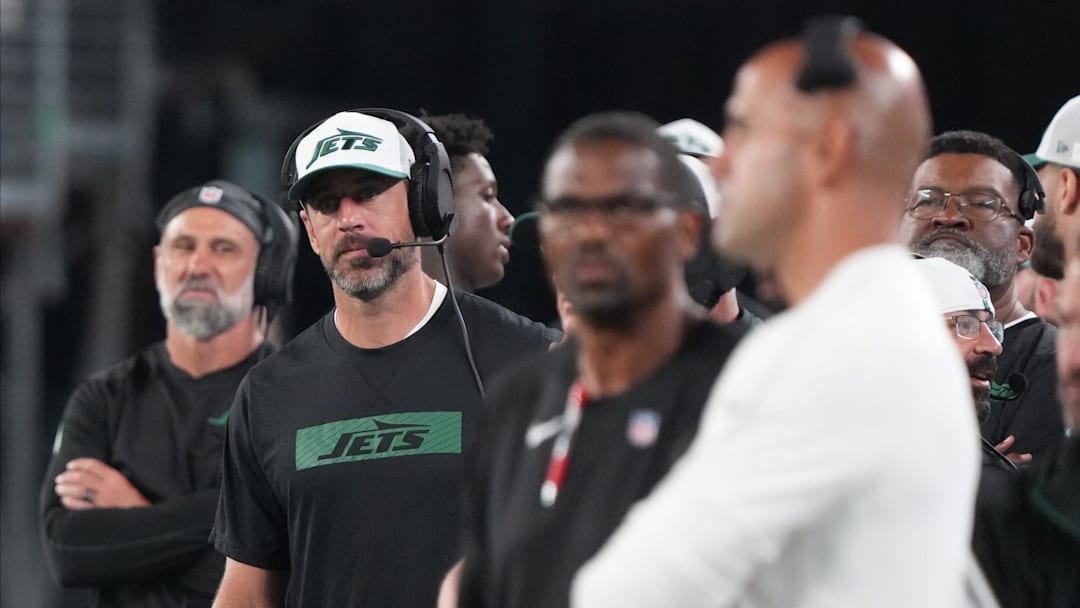 East Rutherford, NJ -- August 24, 2024 -- Aaron Rodgers on the sidelines in the first half. The New York Giants and New York Jets meet at MetLife Stadium in the final preseason game of the 2024 season for both teams.