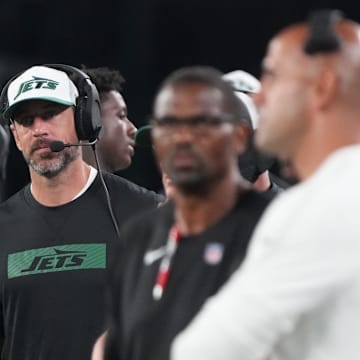 East Rutherford, NJ -- August 24, 2024 -- Aaron Rodgers on the sidelines in the first half. The New York Giants and New York Jets meet at MetLife Stadium in the final preseason game of the 2024 season for both teams.