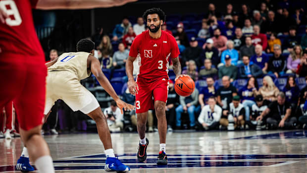 Nebraska goalkeeper Brice Williams dribbles the ball against Washington in Seattle on February 6, 2025.