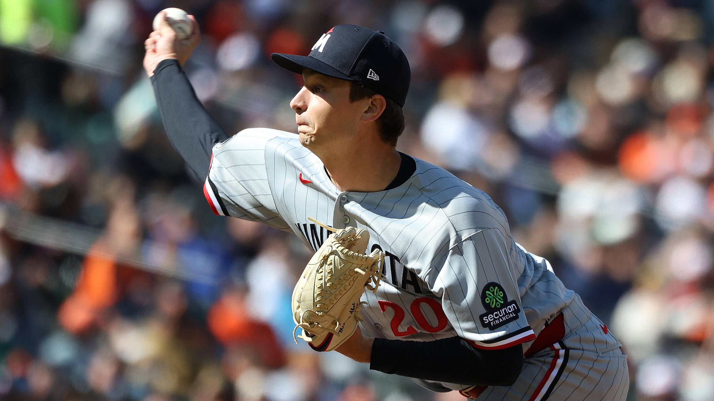Mar 29, 2026; Baltimore, Maryland, USA; Minnesota Twins pitcher Mick Abel (20) throws during the fifth inning against the Baltimore Orioles at Oriole Park at Camden Yards.