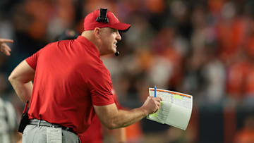 Oct 17, 2025; Miami Gardens, Florida, USA; Louisville Cardinals head coach Jeff Brohm reacts on the sideline against the Miami Hurricanes during the fourth quarter at Hard Rock Stadium. Mandatory Credit: Sam Navarro-Imagn Images