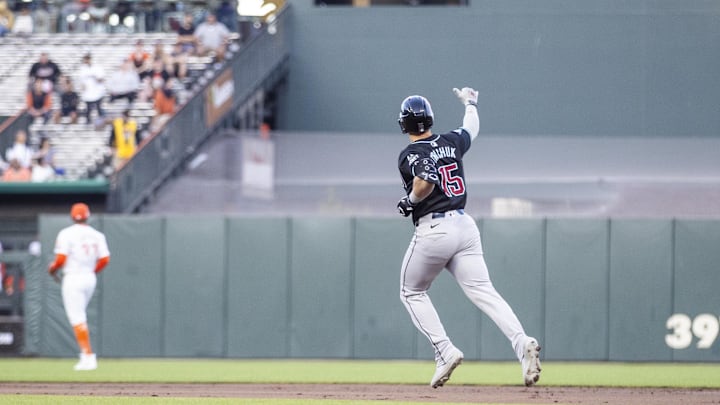 Arizona Diamondbacks left fielder Randal Grichuk (15) gestures as he runs the bases after hitting a two-run home run against the San Francisco Giants during the first inning at Oracle Park in 2024.