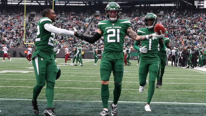 Dec 24, 2023; East Rutherford, New Jersey, USA; New York Jets safety Ashtyn Davis (21) celebrates