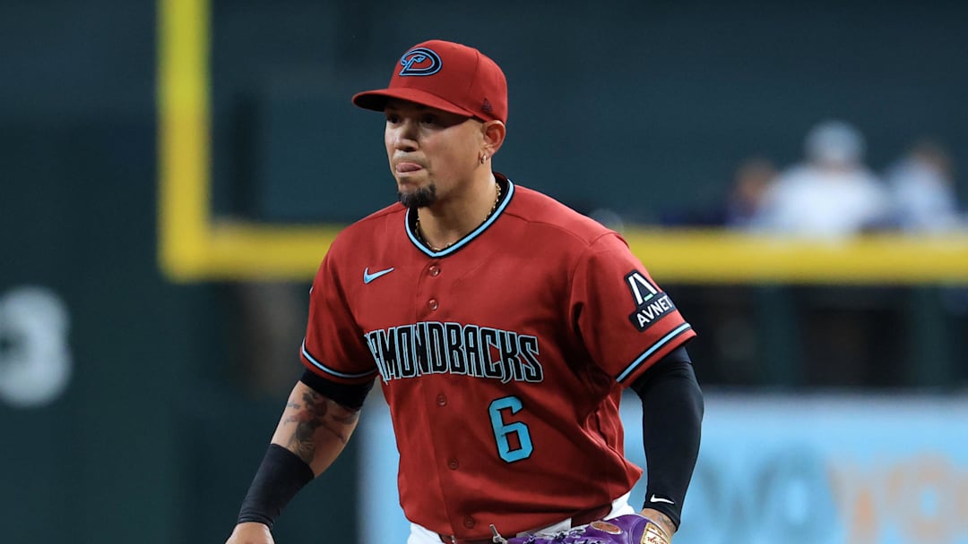 May 6, 2026; Phoenix, Arizona, USA; Arizona Diamondbacks first baseman Ildemaro Vargas against the Pittsburgh Pirates at Chase Field. Mandatory Credit: Mark J. Rebilas-Imagn Images