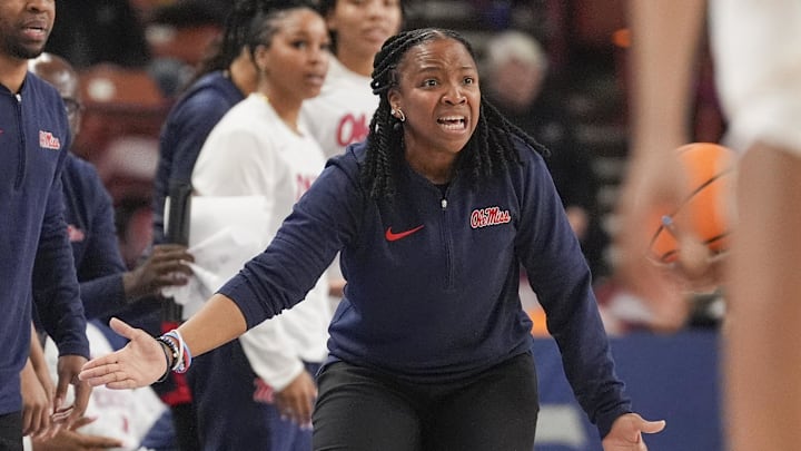 Mar 9, 2024; Greensville, SC, USA; Ole Miss Rebels head coach Yolett McPhee-McCuin reacts during the second half against the LSU Lady Tigers at Bon Secours Wellness Arena. Mandatory Credit: Jim Dedmon-Imagn Images
