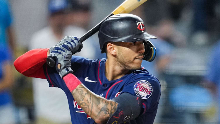 Sep 20, 2022; Kansas City, Missouri, USA; Minnesota Twins shortstop Carlos Correa (4) bats against