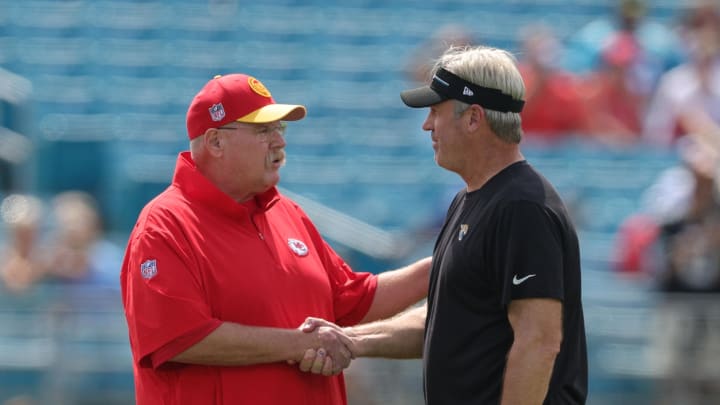 Sep 17, 2023; Jacksonville, Florida, USA;  Kansas City Chiefs head coach Andy Reid and Jacksonville Jaguars head coach Doug Pederson talk before a game at EverBank Stadium. Mandatory Credit: Nathan Ray Seebeck-USA TODAY Sports