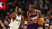 Kevin Durant guarded by Kyrie Irving during a December matchup between the Mavericks and Suns.