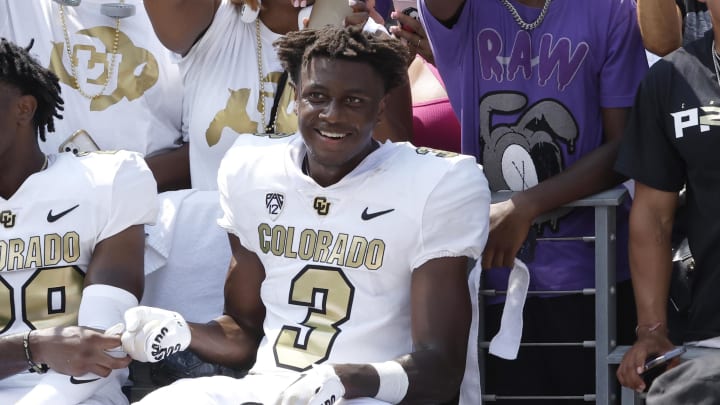 Sep 2, 2023; Fort Worth, Texas, USA; Colorado Buffaloes safety Rodrick Ward (29) and running back Dylan Edwards (3) celebrate with fans after the game against the TCU Horned Frogs at Amon G. Carter Stadium. Mandatory Credit: Tim Heitman-USA TODAY Sports