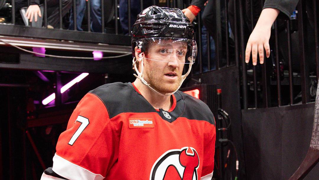 Apr 7, 2026; Newark, New Jersey, USA; New Jersey Devils defenseman Dougie Hamilton (7) before the game against the Philadelphia Flyers at Prudential Center. Mandatory Credit: Luther Schlaifer-Imagn Images