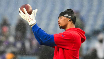 Jan 19, 2025; Orchard Park, New York, USA; Buffalo Bills wide receiver Keon Coleman (0) warms up before the game.
