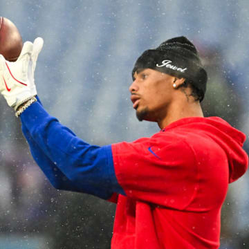 Jan 19, 2025; Orchard Park, New York, USA; Buffalo Bills wide receiver Keon Coleman (0) warms up before the game.