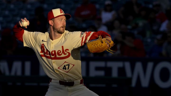 Jun 24, 2024; Anaheim, California, USA;  Los Angeles Angels starting pitcher Griffin Canning (47) delivers to the plate in the second inning against the Oakland Athletics at Angel Stadium. Mandatory Credit: Jayne Kamin-Oncea-USA TODAY Sports