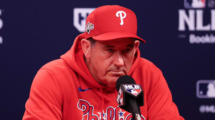 Oct 4, 2025; Philadelphia, Pennsylvania, USA; Philadelphia Phillies manager Rob Thomson speaks with the media before game one of the NLDS round of the 2025 MLB playoffs against the Los Angeles Dodgers at Citizens Bank Park. Oct 4, 2025; Philadelphia, Pennsylvania, USA; Philadelphia Phillies manager Rob Thomson speaks with the media before game one of the NLDS round of the 2025 MLB playoffs against the Los Angeles Dodgers at Citizens Bank Park.