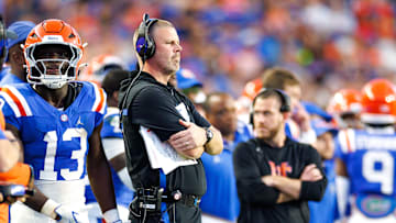 Oct 18, 2025; Gainesville, Florida, USA; Florida Gators head coach Billy Napier looks on against the Mississippi State Bulldogs during the second half at Ben Hill Griffin Stadium. Mandatory Credit: Matt Pendleton-Imagn Images