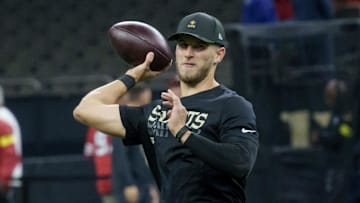 Sep 14, 2025; New Orleans, Louisiana, USA; New Orleans Saints quarterback Tyler Shough (6) throws before a game against the San Francisco 49ers at Caesars Superdome. Mandatory Credit: Matthew Hinton-Imagn Images