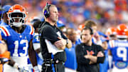 Oct 18, 2025; Gainesville, Florida, USA; Florida Gators head coach Billy Napier looks on against the Mississippi State Bulldogs during the second half at Ben Hill Griffin Stadium. Mandatory Credit: Matt Pendleton-Imagn Images
