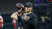 Sep 14, 2025; New Orleans, Louisiana, USA; New Orleans Saints quarterback Tyler Shough (6) throws before a game against the San Francisco 49ers at Caesars Superdome. Mandatory Credit: Matthew Hinton-Imagn Images