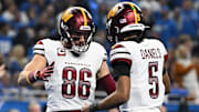 Jan 18, 2025; Detroit, Michigan, USA; Washington Commanders tight end Zach Ertz (86) celebrates touchdown pass with quarterback Jayden Daniels (5) during the second quarter in a 2025 NFC divisional round game at Ford Field. Mandatory Credit: Lon Horwedel-Imagn Images