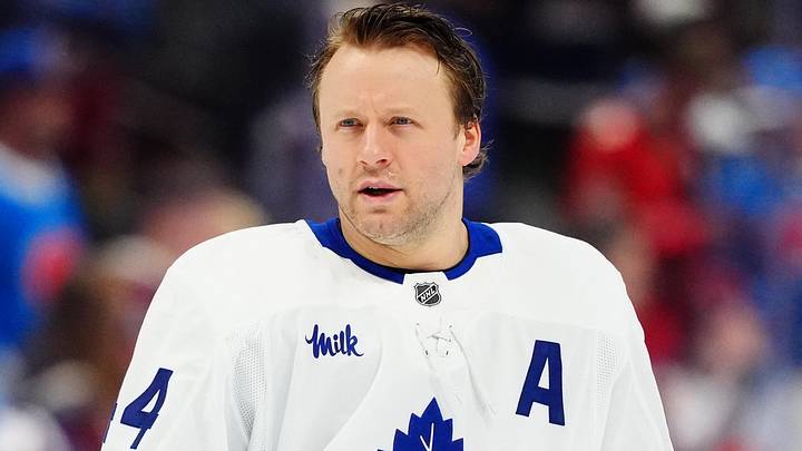 Jan 12, 2026; Denver, Colorado, USA; Toronto Maple Leafs defenseman Morgan Rielly (44) before the game against the Colorado Avalanche at Ball Arena. Mandatory Credit: Ron Chenoy-Imagn Images