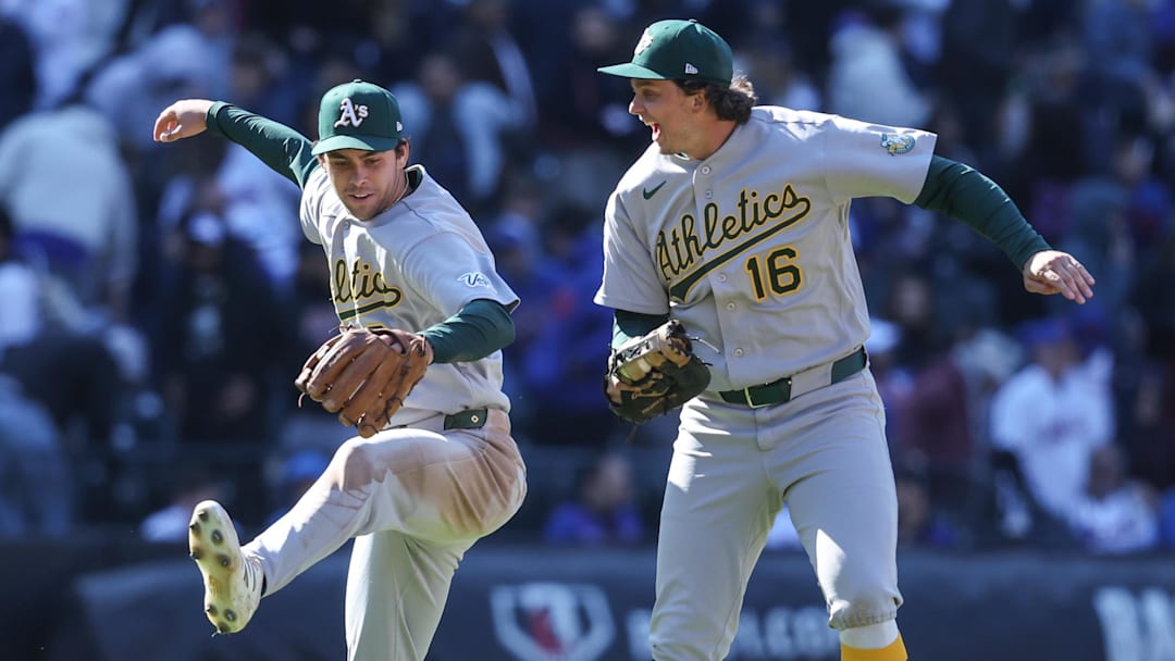 Apr 12, 2026; New York City, New York, USA;  Athletics third baseman Max Muncy (3) and first baseman Nick Kurtz (16) celebrate after defeating the New York Mets 1-0 at Citi Field. Mandatory Credit: Wendell Cruz-Imagn Images
