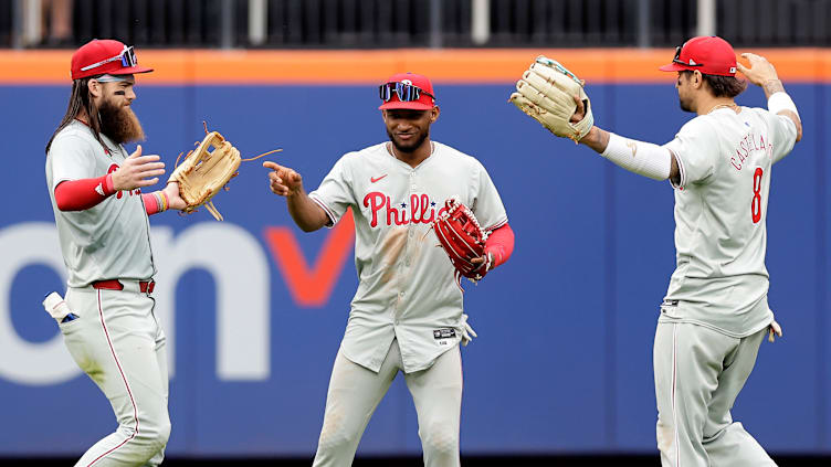 Philadelphia Phillies outfielders Brandon Marsh, Johan Rojas and Nick Castellanos