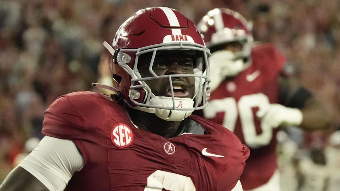 Sep 6, 2025; Tuscaloosa, Alabama, USA;  Alabama running back Richard Young (9) celebrates scoring against UL Monroe at Saban Field at Bryant-Denny Stadium. Mandatory Credit: Gary Cosby Jr.-Imagn Images