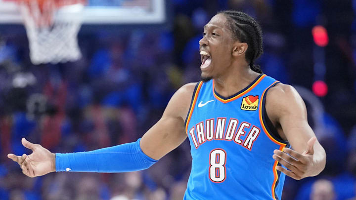 Oklahoma City Thunder forward Jalen Williams reacts after a play.