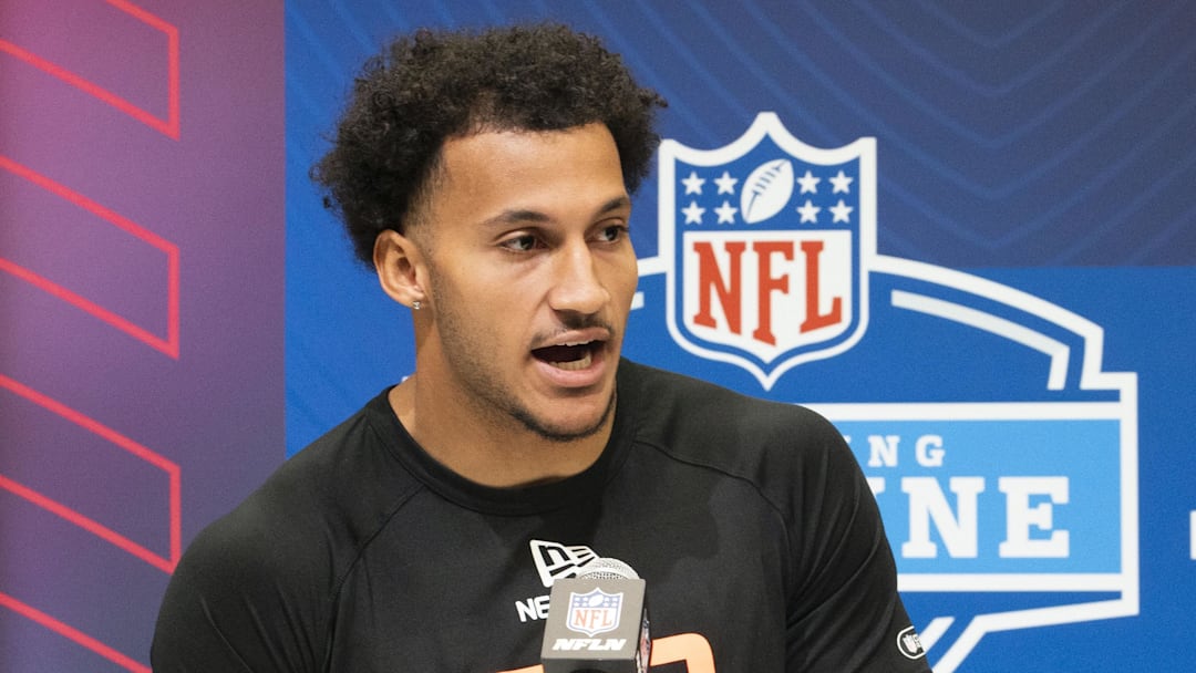 Feb 28, 2025; Indianapolis, IN, USA; Stanford wideout Elic Ayomanor (WO02)answers questions at a press conference during the 2025 NFL Combine at Indiana Convention Center. Mandatory Credit: Stephanie Amador Blondet-Imagn Images